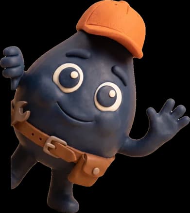 Fiabo, la goutte d'eau en pâte à modeler de FIAB2O, casquette orange et ceinture à outils